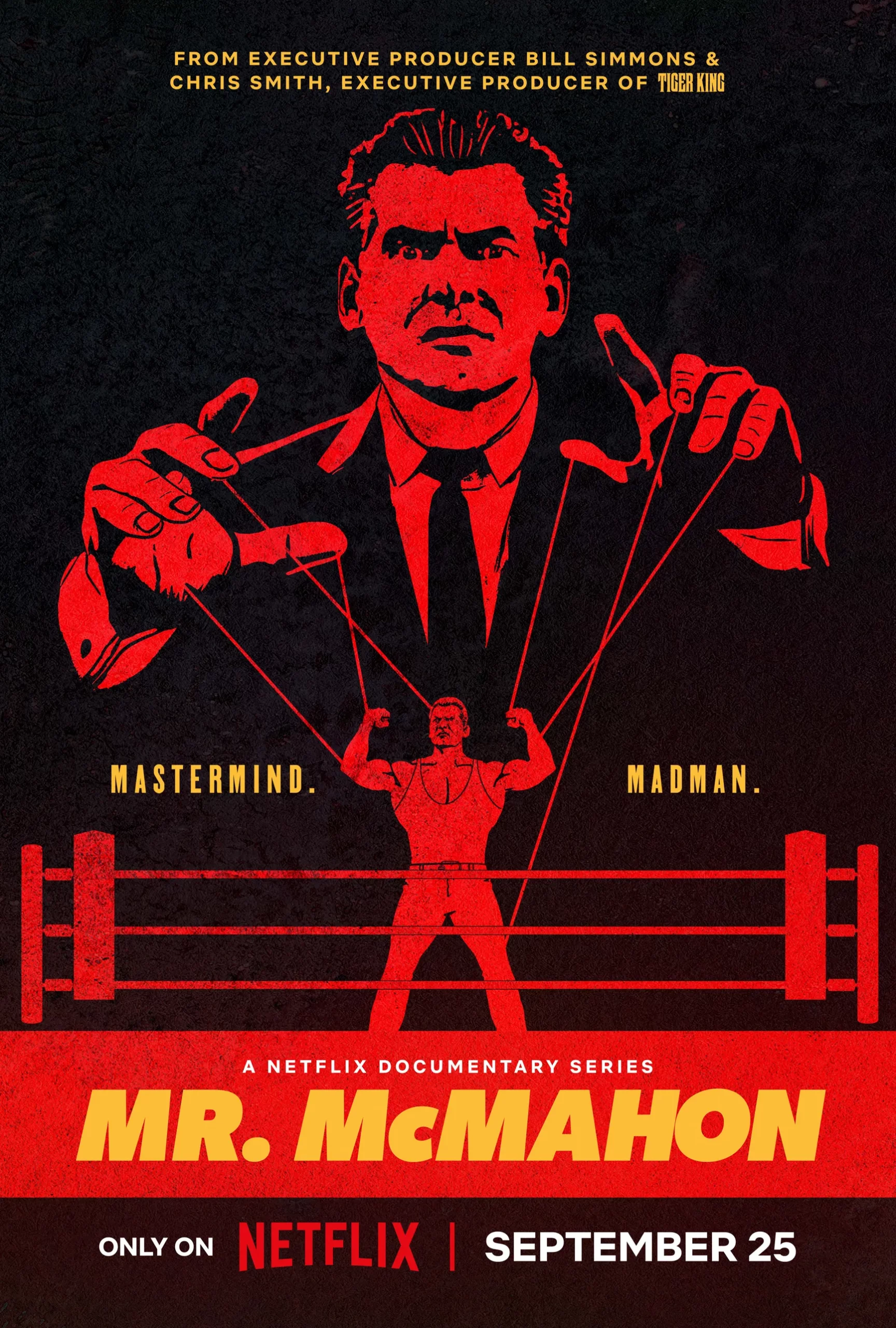 La locandina ufficiale della nuova miniserie Netflix sul mondo del wrestling e la figura di Vince McMahon, Mr. McMahon